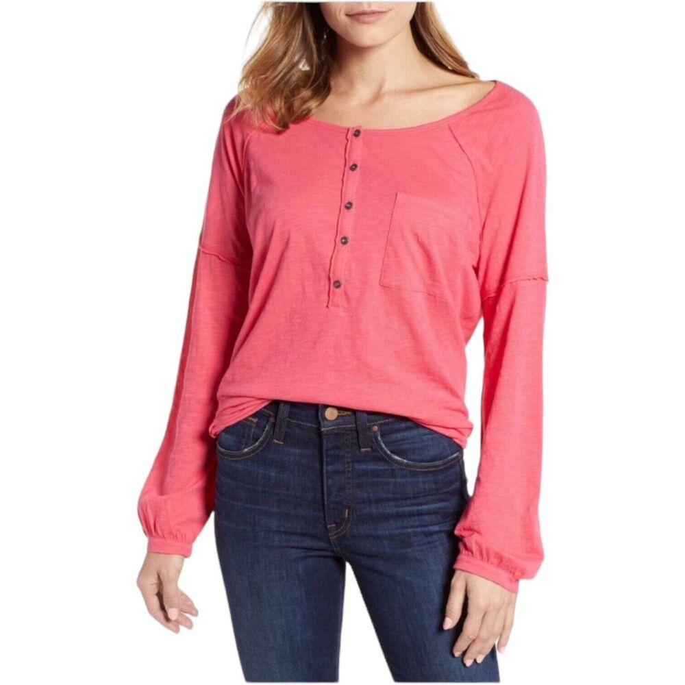 NWT Caslon Relaxed Pink Honey Button Henley Tee Top Long Sleeve Women's Size XXL